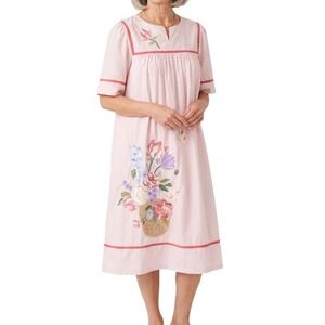 GO SOFTLY Patio Medium 100% Cotton Pink Embroidered MooMoo House Dress Modest